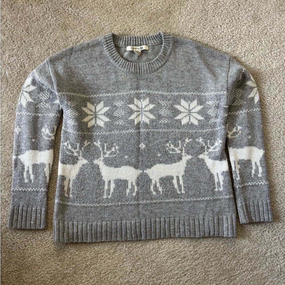 Forever 21 Gray and White Reindeer Crewneck Sweater